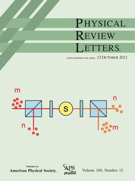 Cover of Physical Review Letters, volume 109, issue 15, showing an entangled light pulse split by two polarizing beam splitters